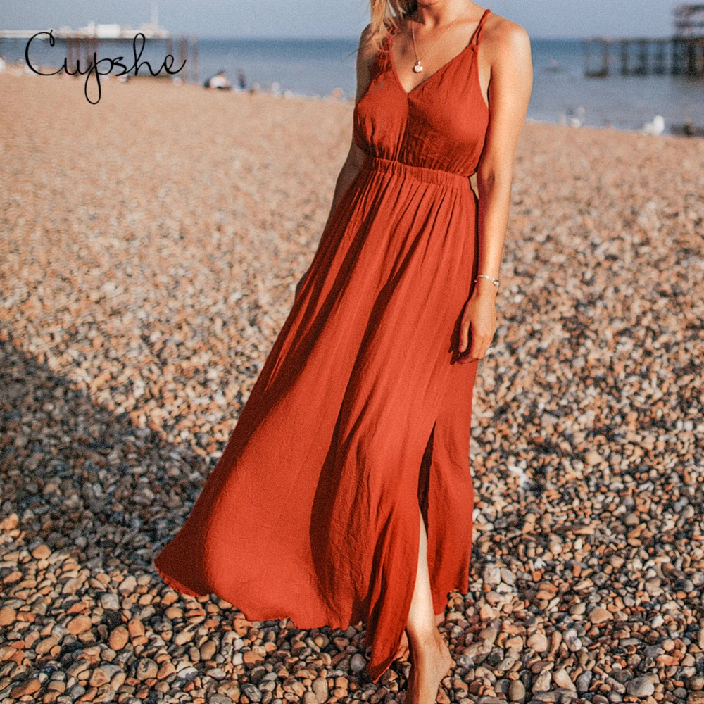 

CUPSHE Women Solid Color Maxi Dress 2019 New Summer V neck Spaghetti Strap Sundress Elegant Vestidos