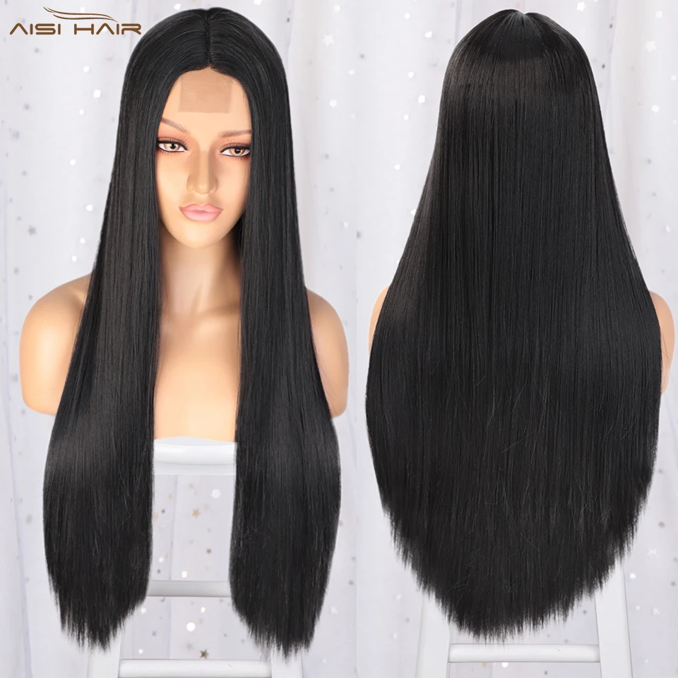 Black Wig Synthetic-Wigs Heat-Resistant-Fiber NNZES Natural Super Middle-Part Long-Lace