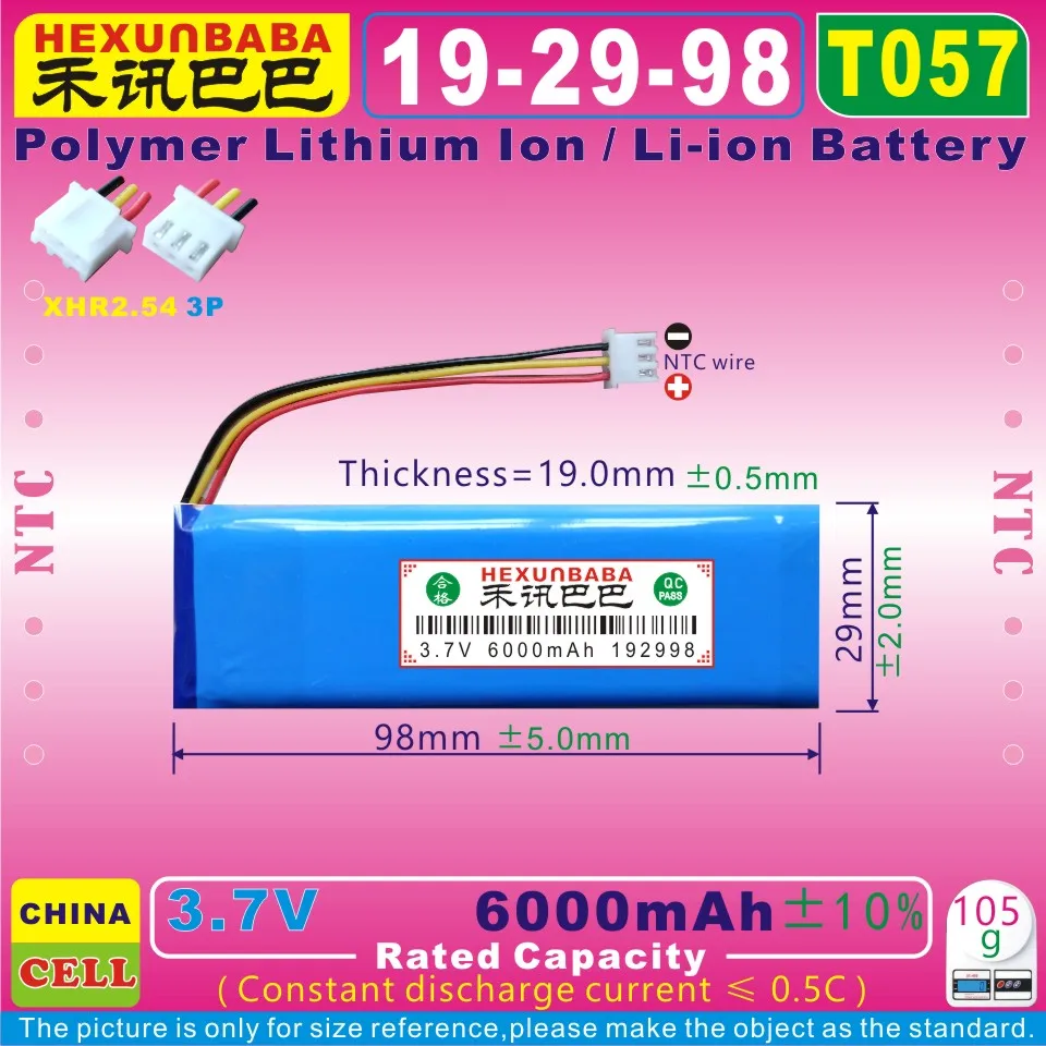 [T057] 3,7 V 6000mAh [192998] XHR2.54/3 P; NTC, полимерный литий-ионный/литий-ионный аккумулятор для зарядки JBL, импульсный динамик 1; AEC982999-2P