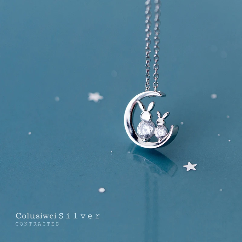 Xileg Cute Animal Female Silver Jewelry Sweet Rabbit Moon Clavicle Chain Pendant Necklaces