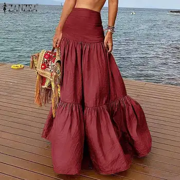 

ZANZEA Women Ruffles Skirts 2020 Summer Long Maxi Skirts Female Casual Side Zipper Up A-line Skirt Cotton Linen Jupe Vestidos
