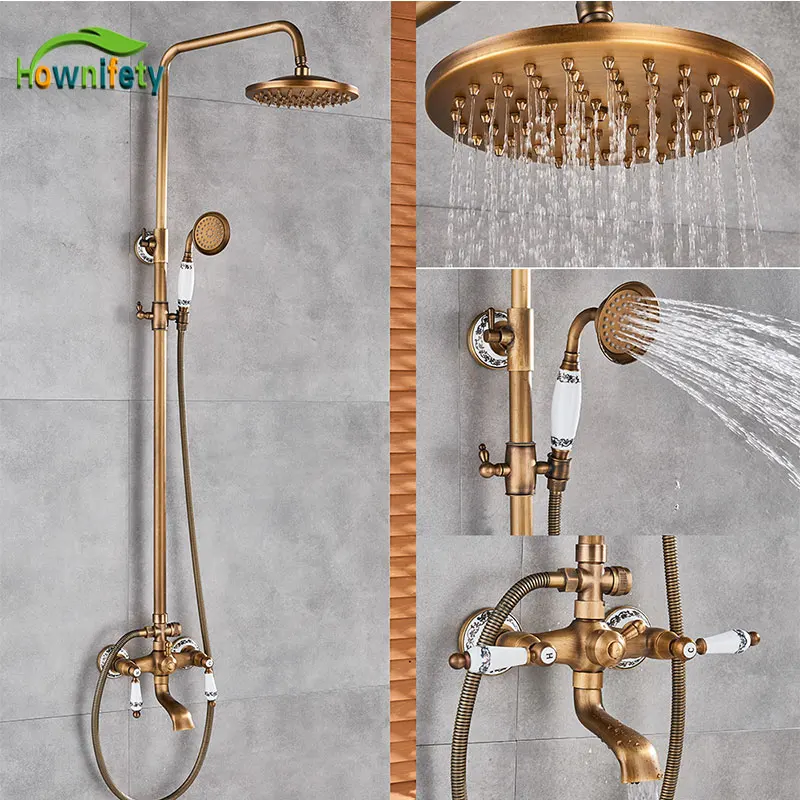 Antique Brass Bathroom Rain Shower Faucet Set Single Handle Tub Spout Tap lrs185 