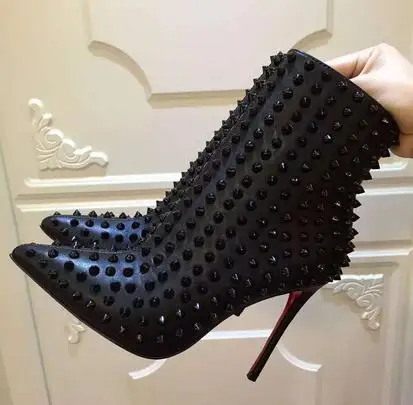 

classics brand women boots red high heel boots rivets 10cm Women's black full body rivet point thin high heel short boots red 42