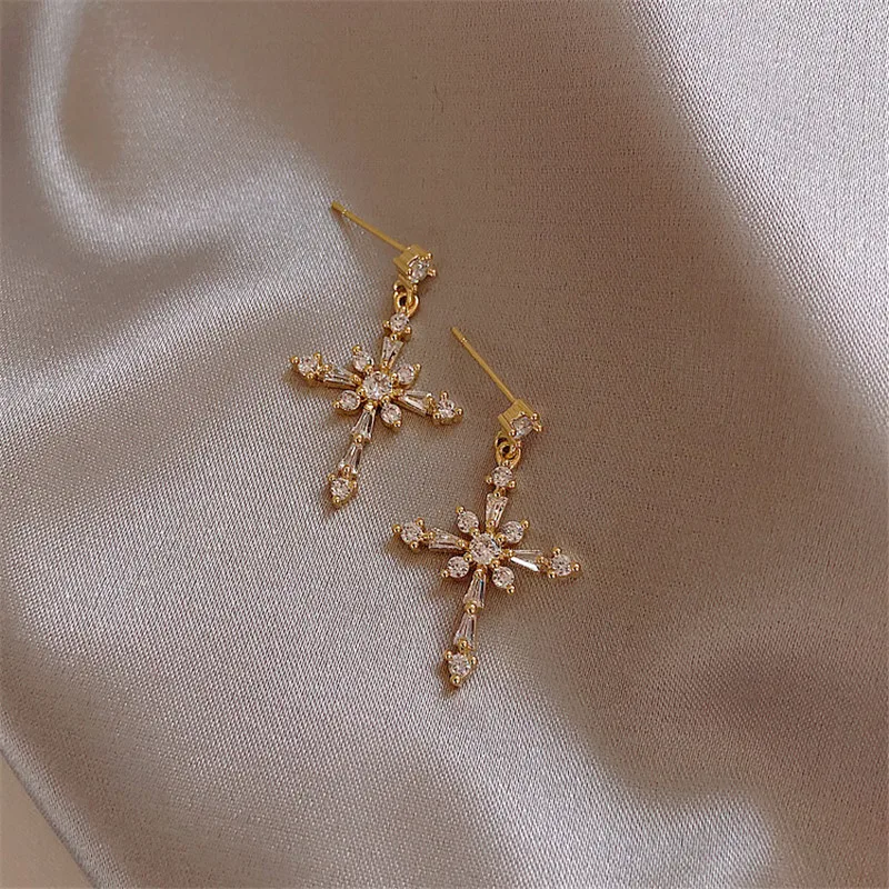 

FYUAN Zircon Crystal Dangle Earrings for Women Bijoux Small Cross Drop Earrings Lady Jewelry Party Gift