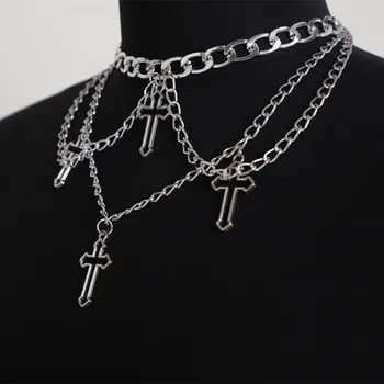 Wgoud Fashion Gothic Cross Pendant Choker Necklace Chains for Women Girl Hip Hop Gypsy Club Accessories Jewelry