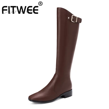 

FITWEE Size 33-45 Pu Leather Lady Sexy Knight Boots Buckle Square Toe Retro Winter Chunky Heels Zipper Fashion Knee High Boots