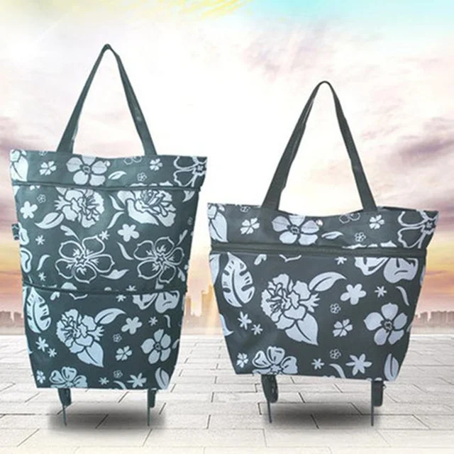 Folding Storage Bag High Capacity Shopping Food Organizer Trolley Bag On Wheels Bags Portable Shopping Bags Buy Vegetables Bags Black flowers A