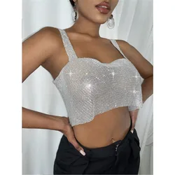 Srubí top corto con brillantina para mujer, Top de discoteca con Espalda descubierta, pieza de Metal dividida con diamantes de imitación, sin tirantes, fiesta, ropa para club nocturno
