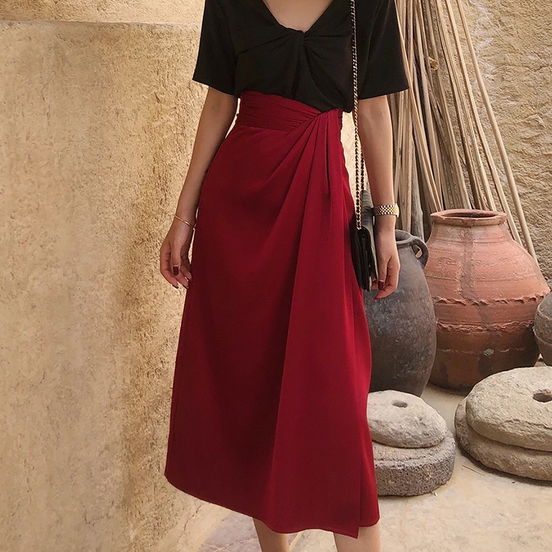 CHICEVER Асимметричная Женская юбка с разрезом сбоку, высокая талия, асимметричное винтажное платье с рюшами для женщин, модная одежда
