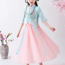 

Girls Dress Chinese Style Hanfu Frock Chinese New Year Embroidery Mesh Princess Summer Girls Pink Blue Children's Dress
