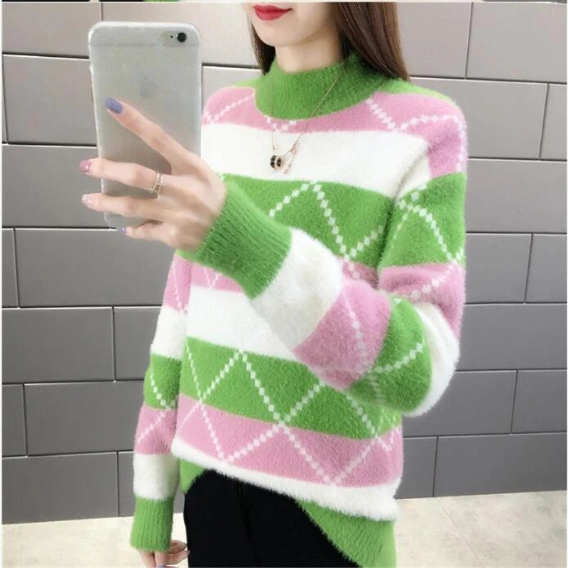 

Sweater For Women Autumn Winter Block Color Long Sleeve Half High Collar Christmas Sweaters Plus Size Pink Blue Yellow Green