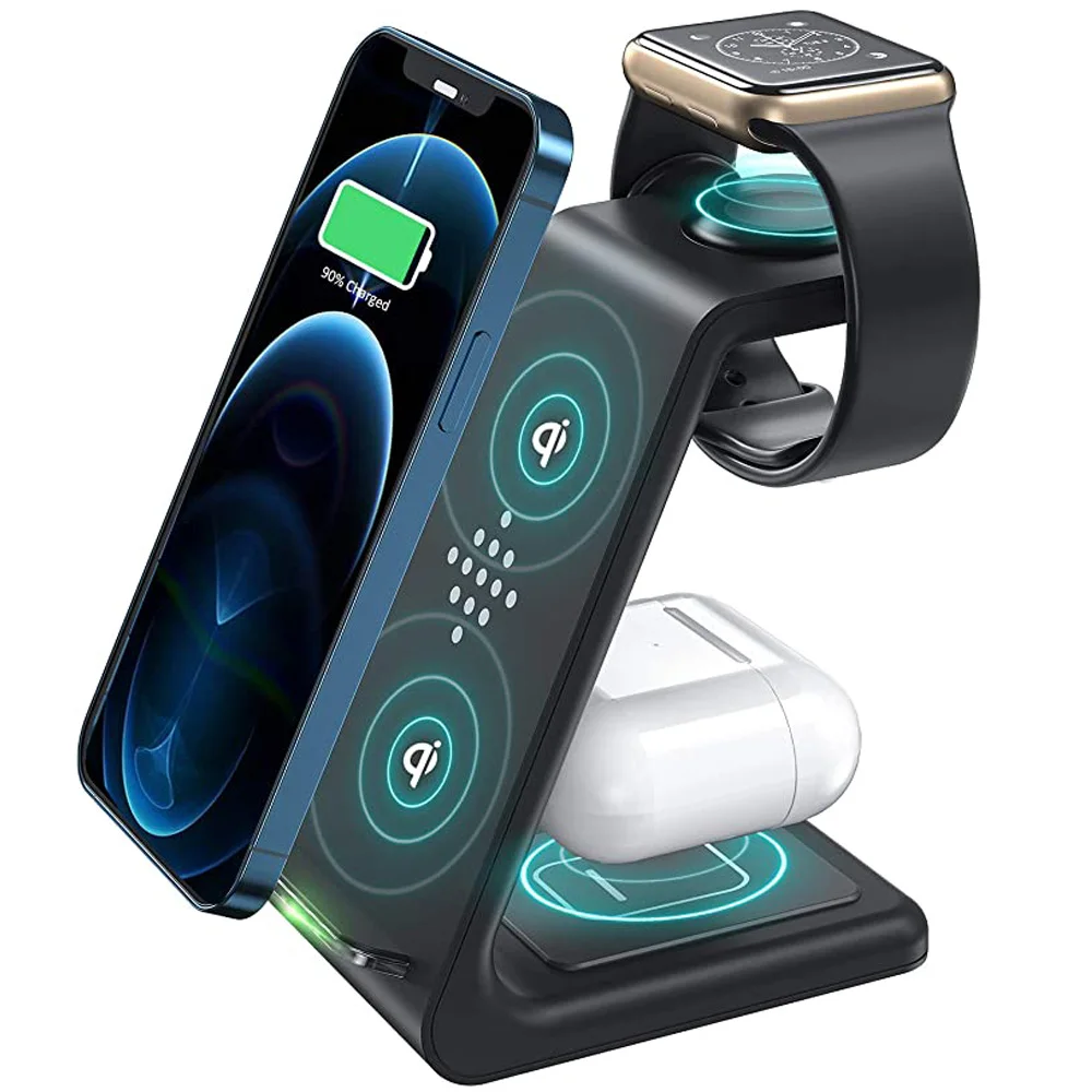 3 em 1 estação de carregador sem fio qi 15w rápido apple suporte carregamento sem fio doca para iphone 12/11/8 pro max airpods iwatch samsung