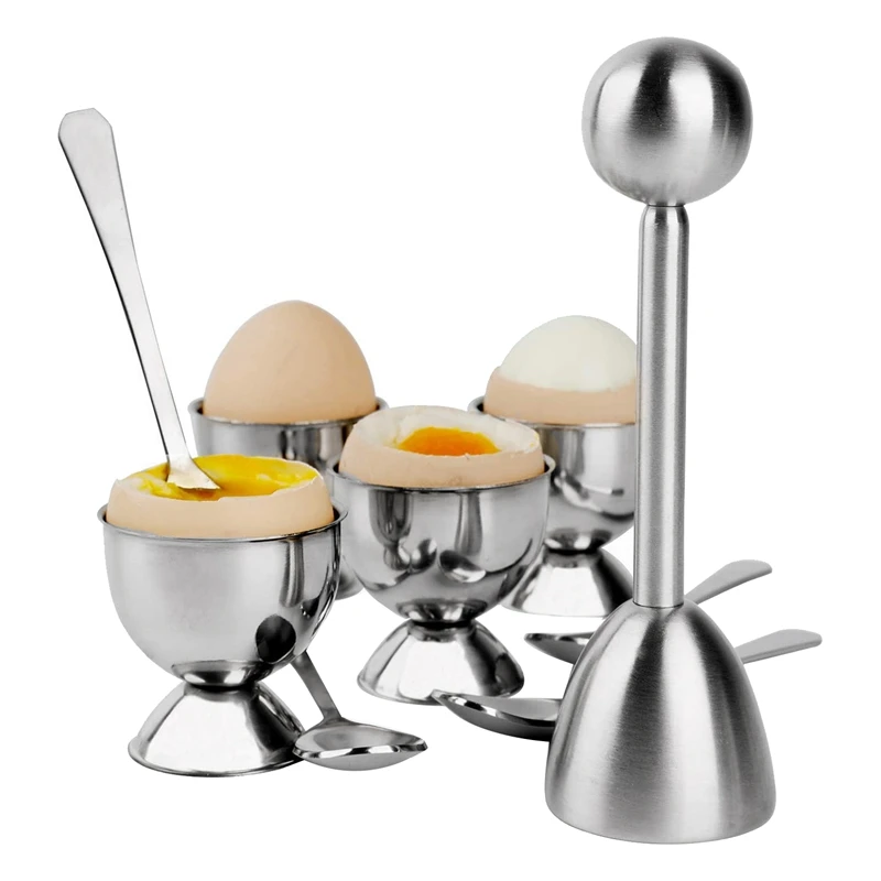 Stainless Steel Egg Cracker Topper Set Hard Boiled Eggs Separator Holder 4 Spoons Cups 1 Shells Remover Top Cutter | Дом и сад