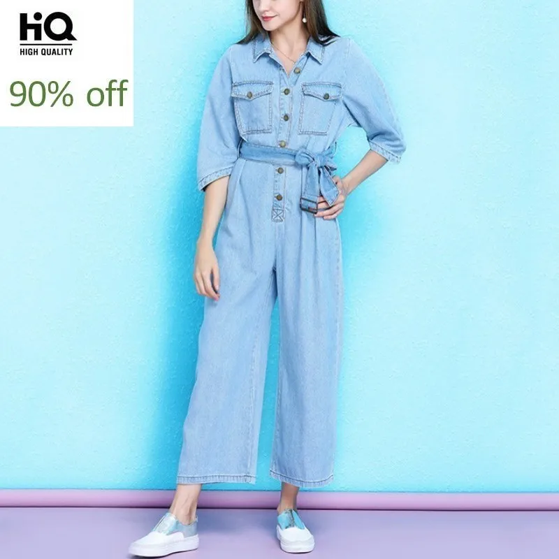 

2020 New High Waist Denim Jumpsuit Women Loose Summer Straight Overalls England Style OL Elegant Wide Leg Trousers Jumpsuits
