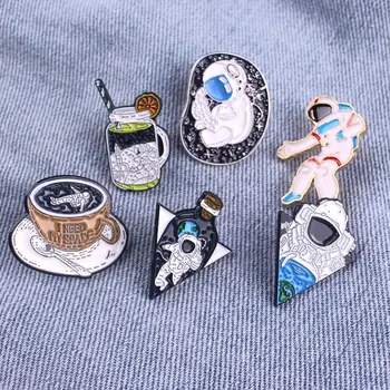 

Astronaut In A Drink Zinc Alloy Pin Space Travelling Badges For Backpack Pin Badges Reels Retractable For kids Jewelry Gift