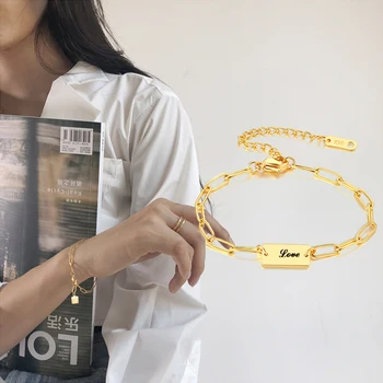 

CUSTOM RECTANGLE CHAIN BRACELET WOMEN LINK BANGLE PERONALIZED INITINAL NAME LOVE GIFTS
