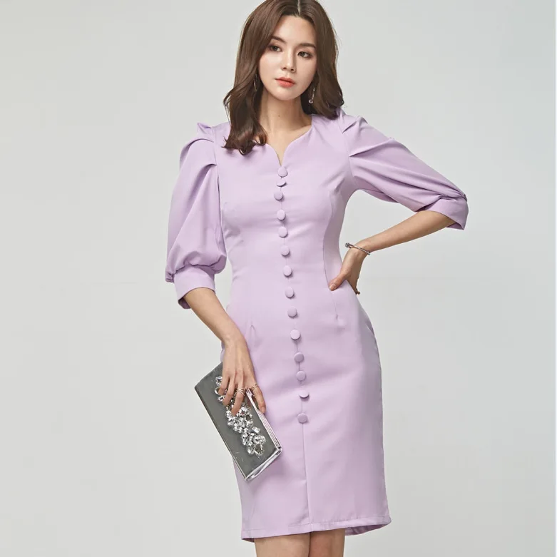 

Dress 2019 Summer New Style Debutante V-neck Puff Sleeve Slim Fit Slimming Sheath Slit One-step Skirt Women's