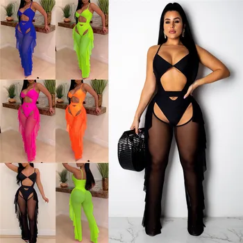 

Sexy Women High Waist See Through Flared Leg Mesh Summer Beach Long Pants Trousers Wide Long Pants Leg Beach Cover-Ups