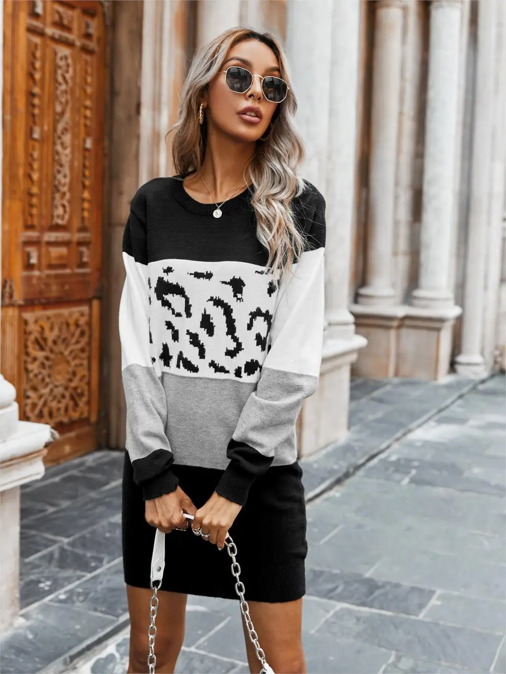 Chifirena Vintage Leopard Patchwork Sweater Dress Women O Neck Long Sleeve Winter Casual Robe Female Elegant Minie Vestidos