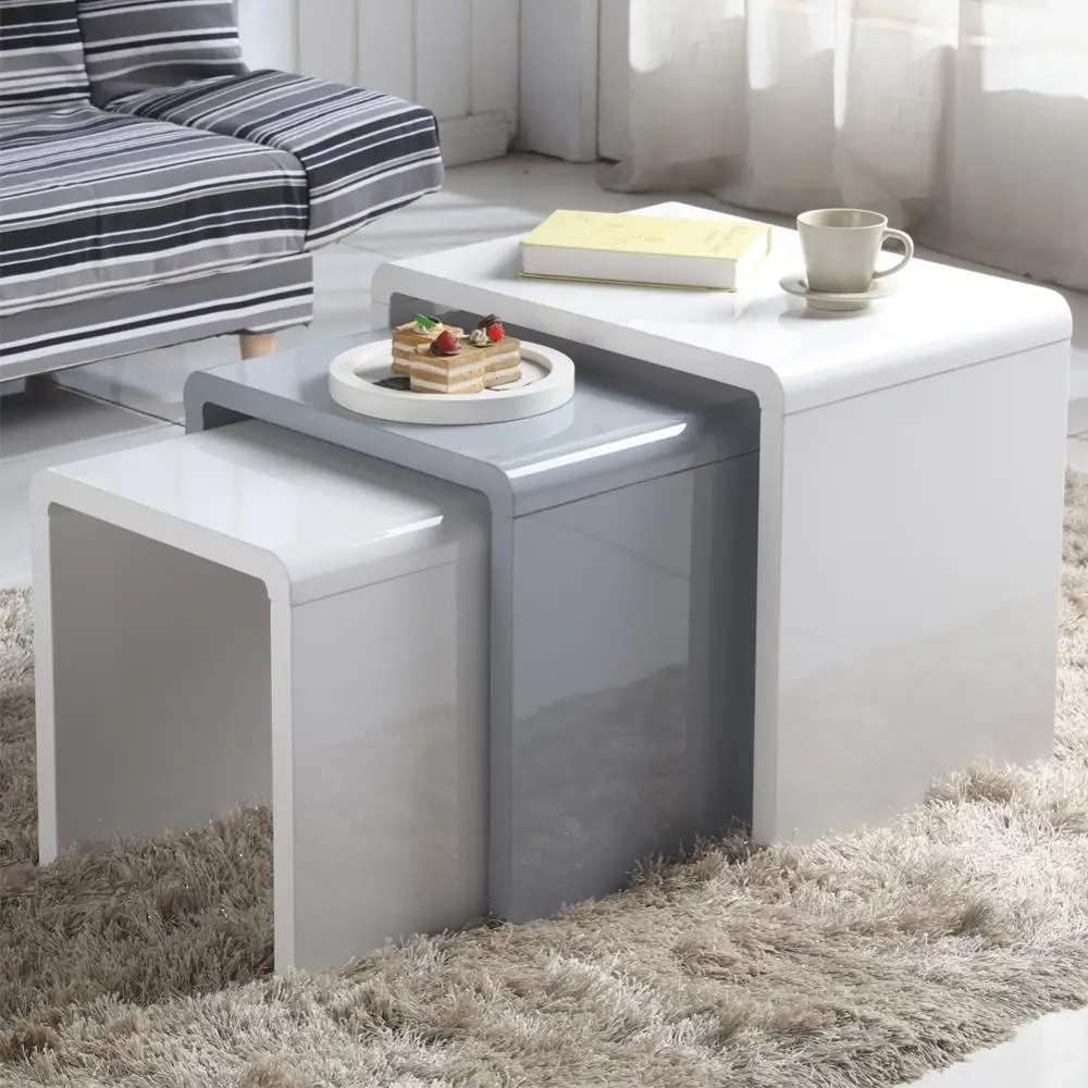 

GOLDFAN 3 tables Morden High Gloss Coffee Table Set Living Room Bedside Tables,Multi-functional Side Table, White