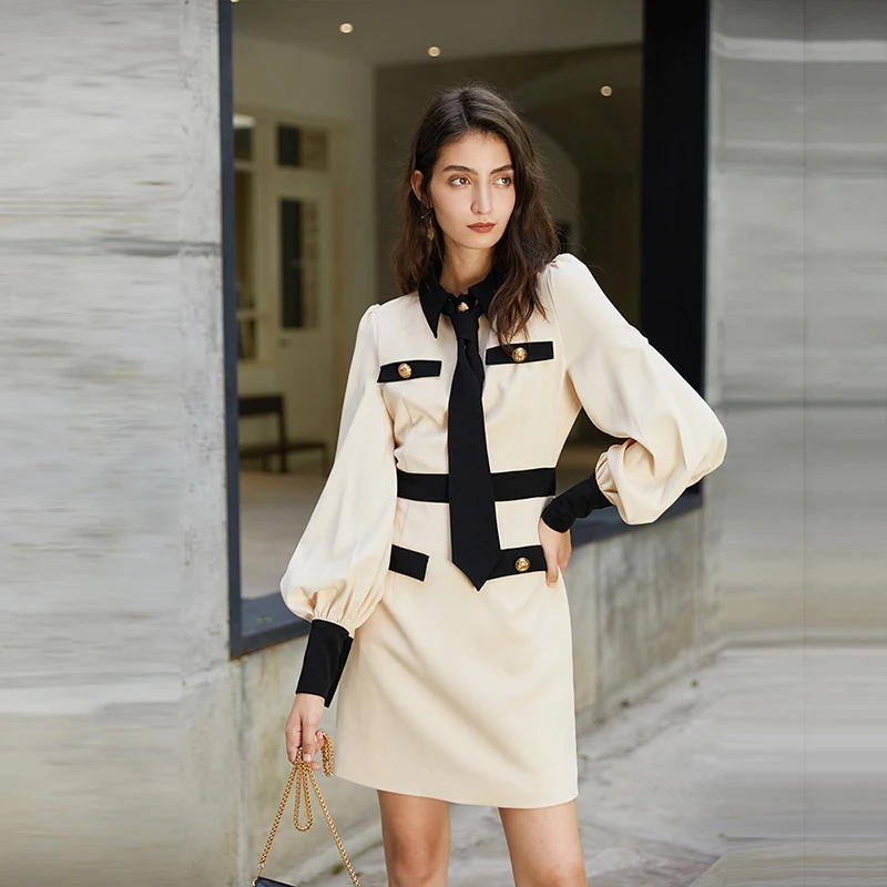 [EAM] Women Apricot Button Split Temperament Dress