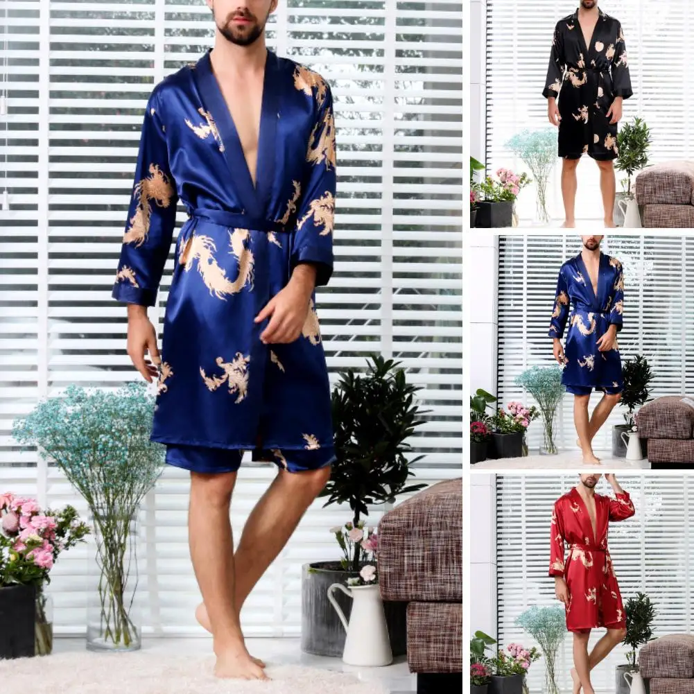 2Pcs Men Bathrobe Imitation Silk Dragon 