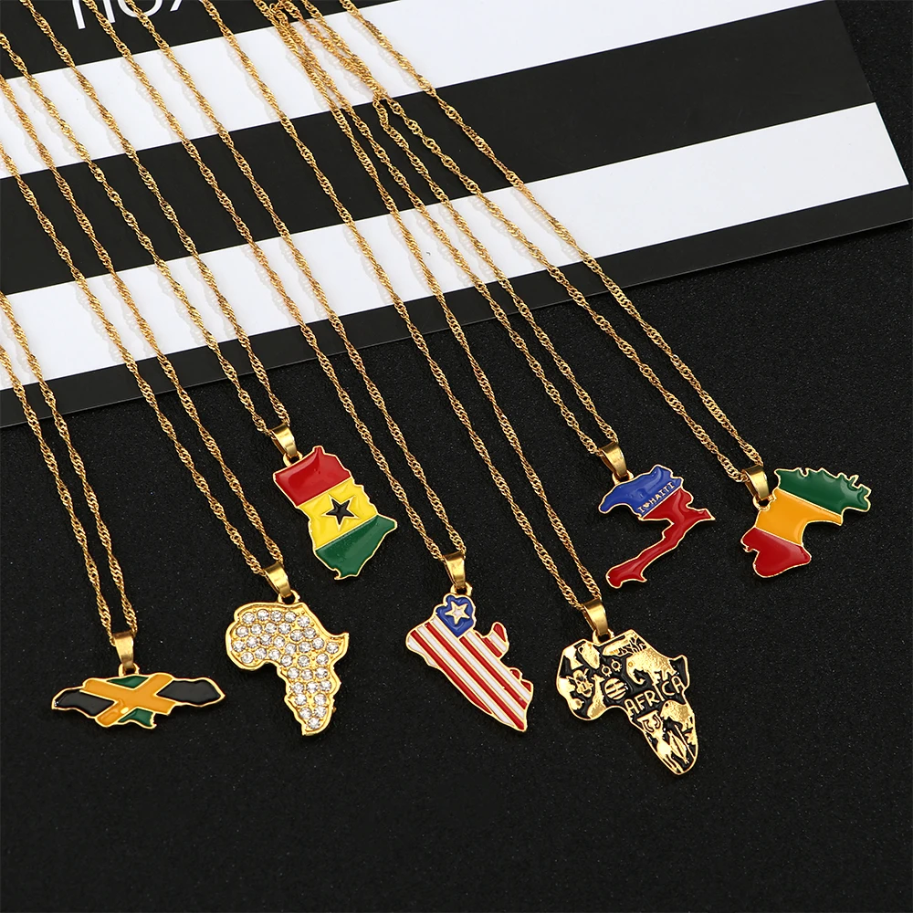 

New Arrival Country Map Flag Necklace Enamel Pendant Africa Guinea Ghana Liberia Undersea Jamaica Hip-hop Necklace Jewelry