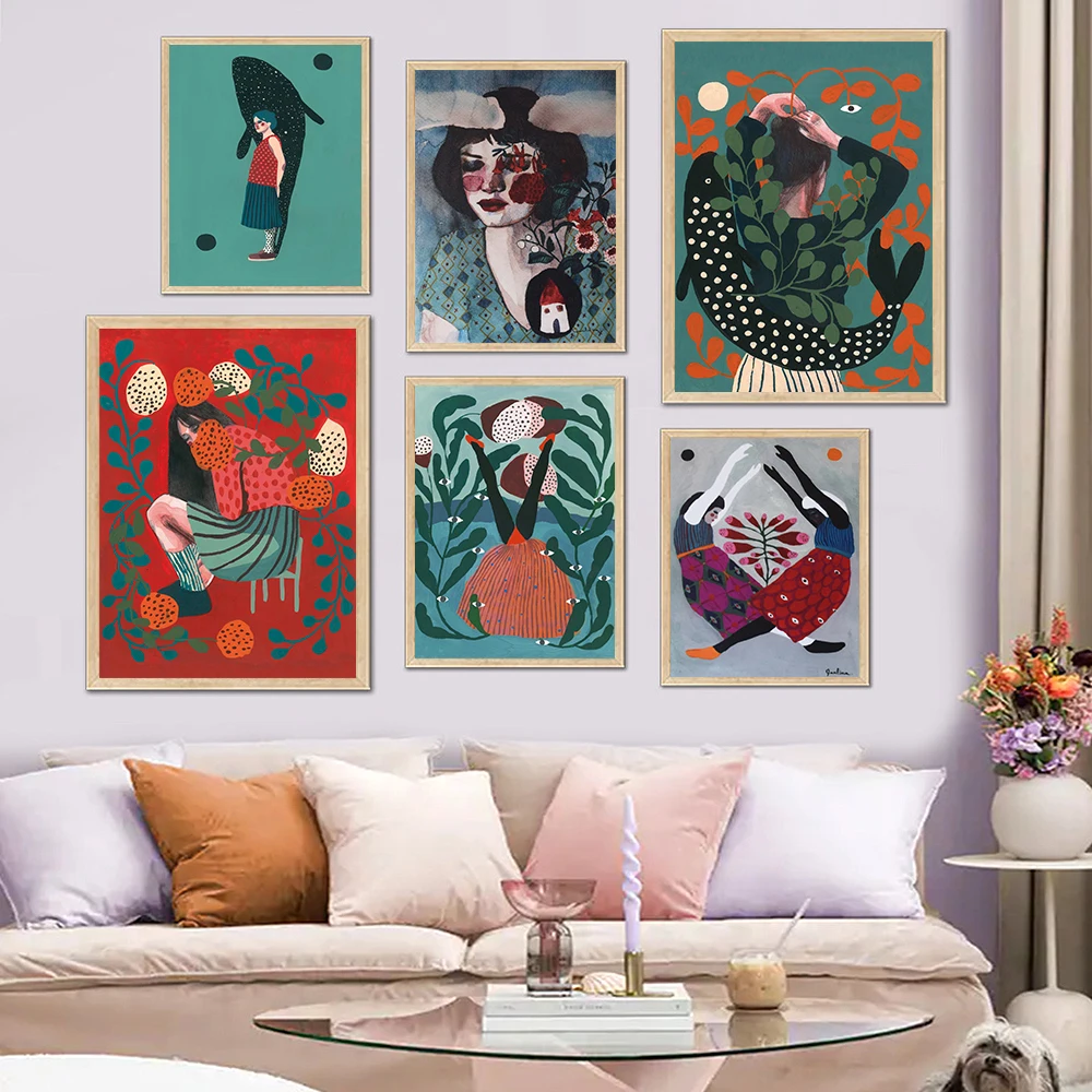 

Nordic Gouache Flowers Girl Posters Print Abstract Woman Fish Plants Wall Art Canvas Painting Picture For Living Room Home Decor