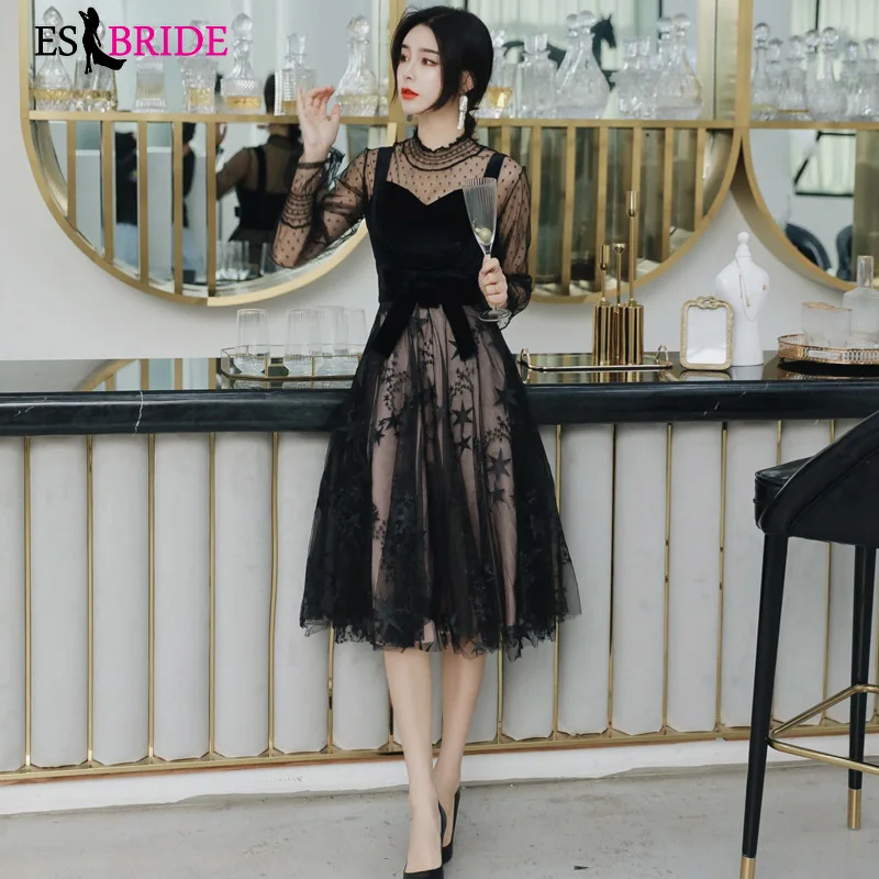 

Black Casual Vestidos De Fiesta De Noche Tulle Full Sleeve Evening Dresses Elegant Long Evening Dress 2019 Robe De Soiree ES1957