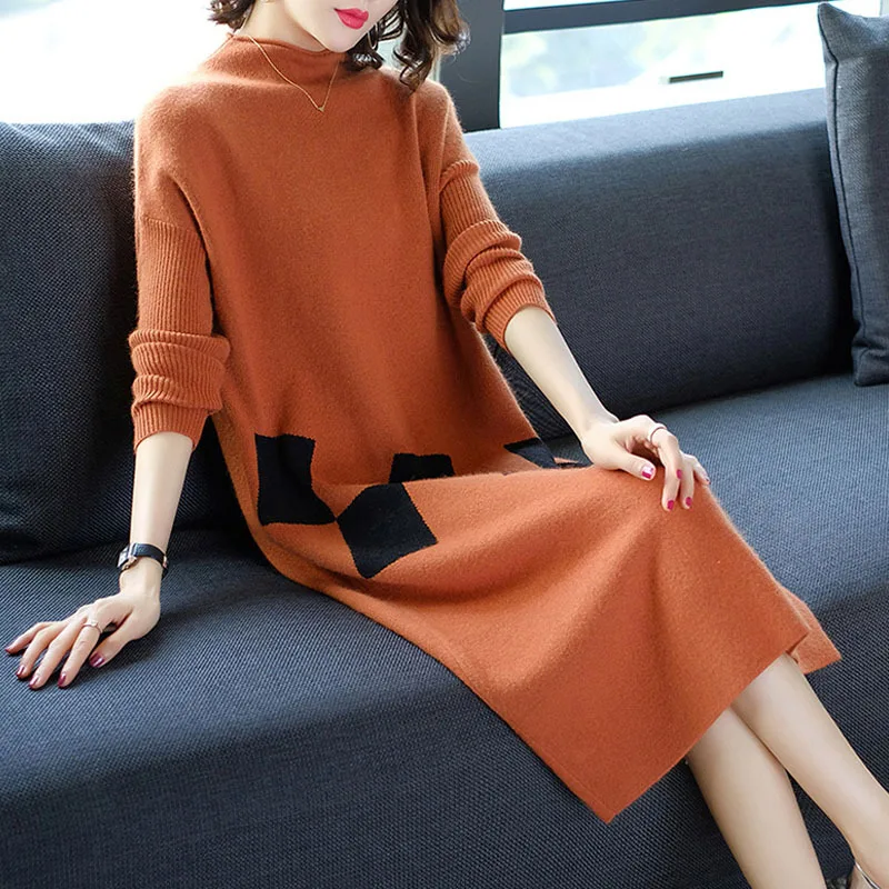 

2019 Autumn & Winter New Style Fashion Loose Jersey Dress Mid-length over-the-Knee Base Sweater Skirt Europe And America