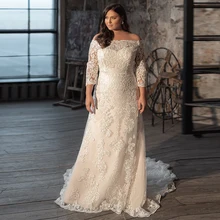 

Boat Neck Plus Size Wedding Dresses for Brida Ivory Applique Floor-Length Sweep/Brushes Train Bridal Gowns Button Back Summer