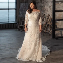 Boat Neck Plus Size Wedding Dresses for Brida Ivory Applique Floor-Length Sweep/Brushes Train Bridal Gowns Button Back Summer