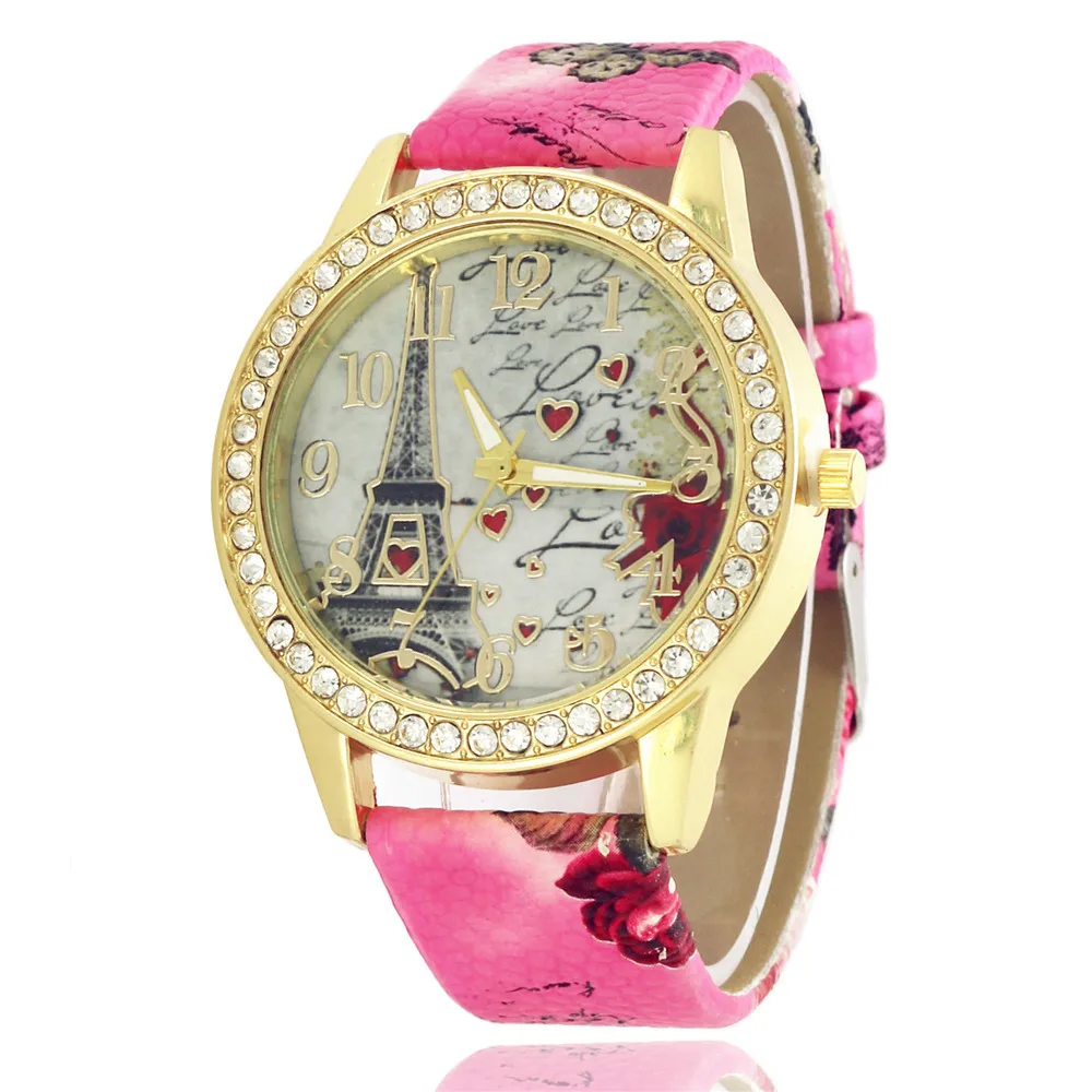 

Wish AliExpress Hot Sales Diamond Set Iron Tower Flower Table-Style Women's Printed Belt Watch Casual Students Watch