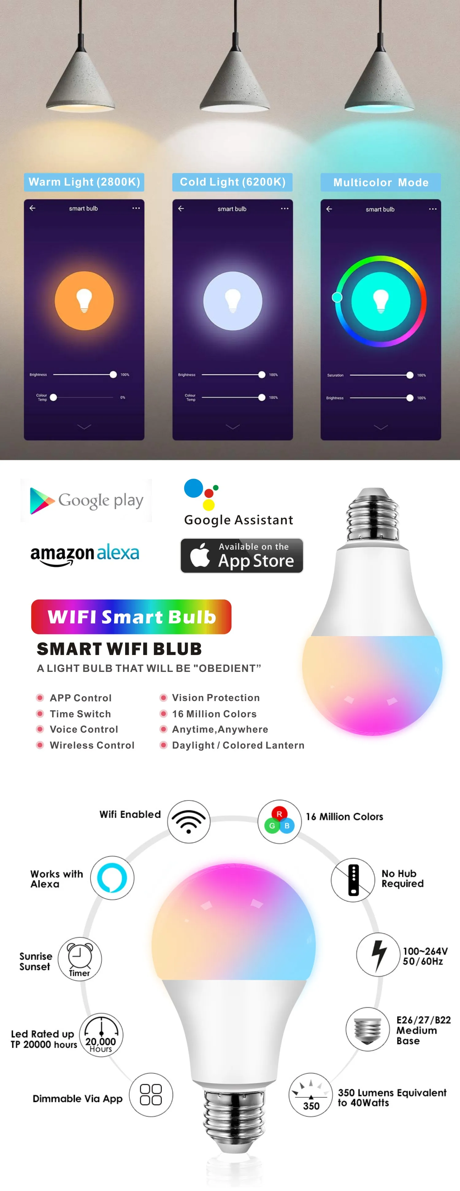 Подсветка умного Wi-Fi лампочки 7 Вт/9 Вт 12 Вт RGB E27 Волшебная осветительная лампа Пробуждение Совместимо с Alexa и Google Assistant Прямая поставка