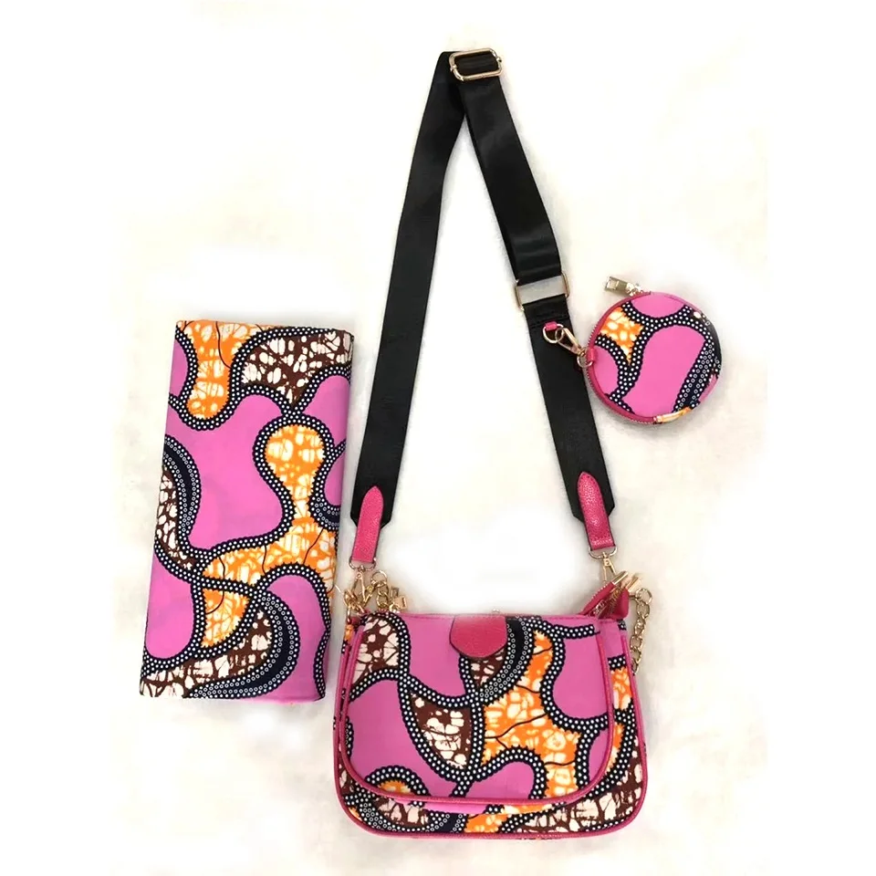 

Ankara Shoulderbag+ 1 Round Clutch Bag+6 Yard Pink Guaranteed Real Dutch Wax African Wax Prints Fabric For Woman DFB-11