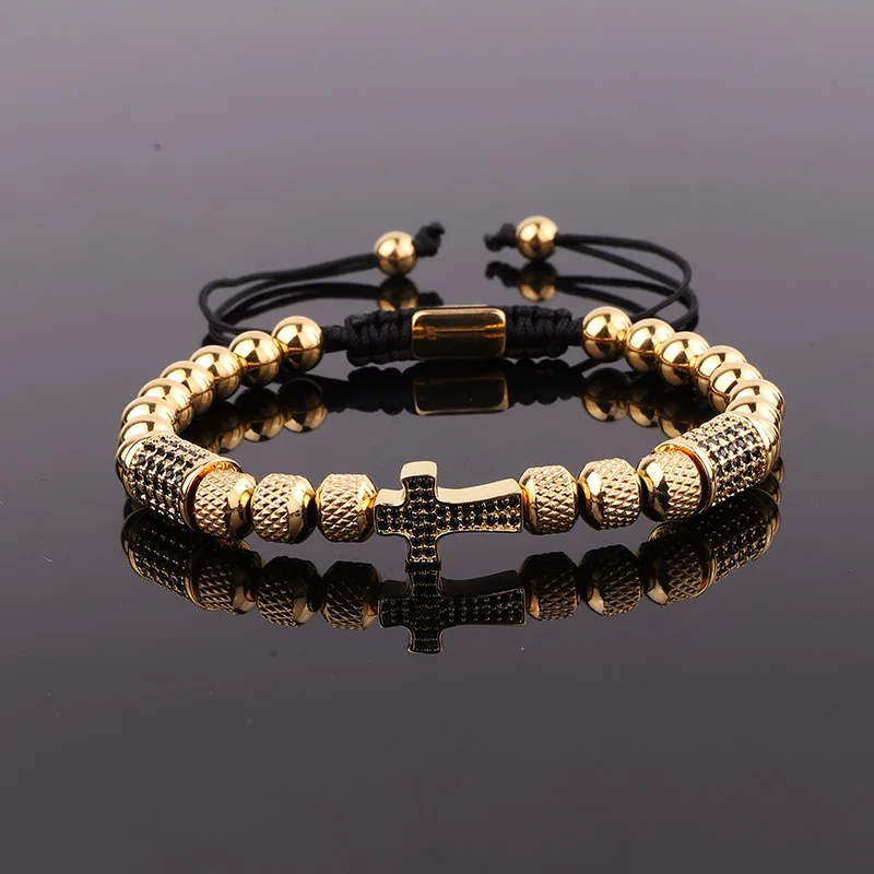 New Design Cross Bracelet Men Jewelry Gold Plated Stainless Steel Beaded CZ Pave Charm Macrame Adjustable Bracelet Men - Image 5