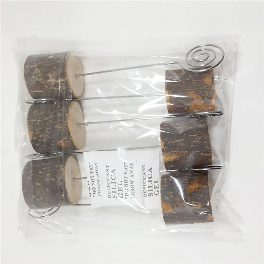 6pcs Rustic Wood Place Card Holders with Swirl Wire Wooden Bark Memo Holder Stand Picture Clip for Wedding Party Table Number