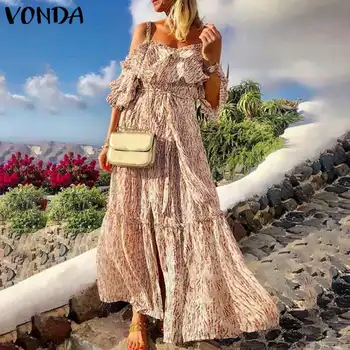 

VONDA Party Maxi Dress Summer Sexy Sleeveless Backless Vintage Printed Dresses Loose Beach Sundress Plus Size Bohemian Robe 5XL