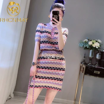 

Sweet Women's Summer Striped Knitted 2 Piece Set Short Sleeve Pullover Tops + Elastic Waist Pencil Skirt Two Piece Set Knit Suit
