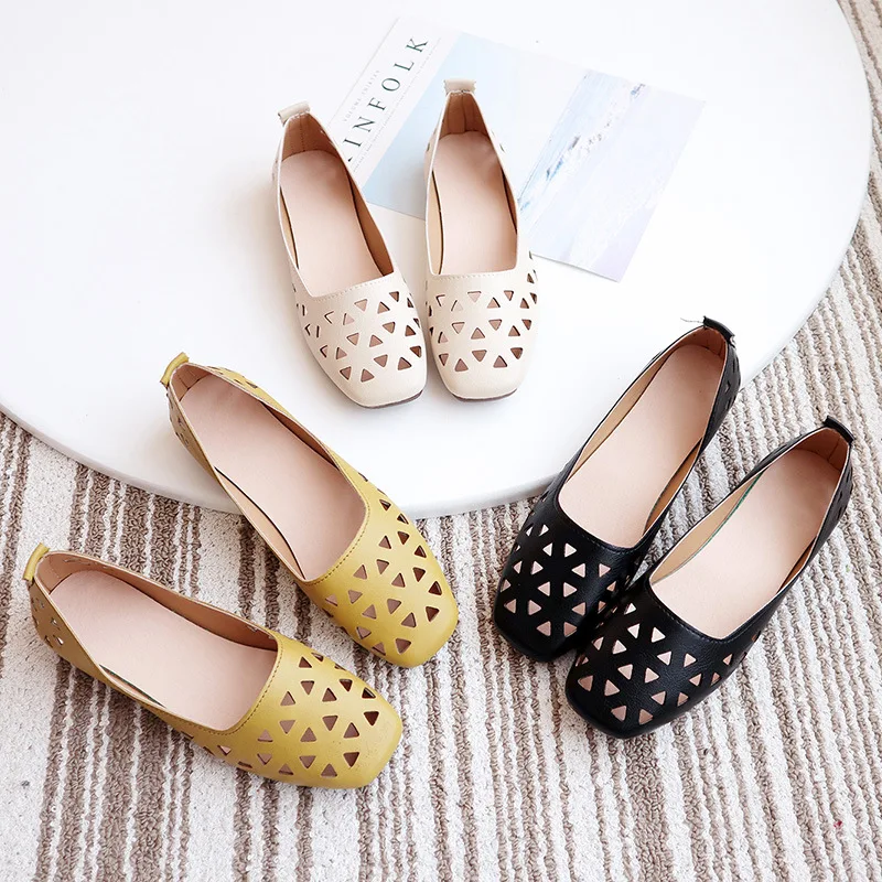 

Moccosins Women's 2019 Spring And Summer New Style Versatile Hollow out-Style Retro Square Head Low-Cut Flat Side Scoop Bootie S