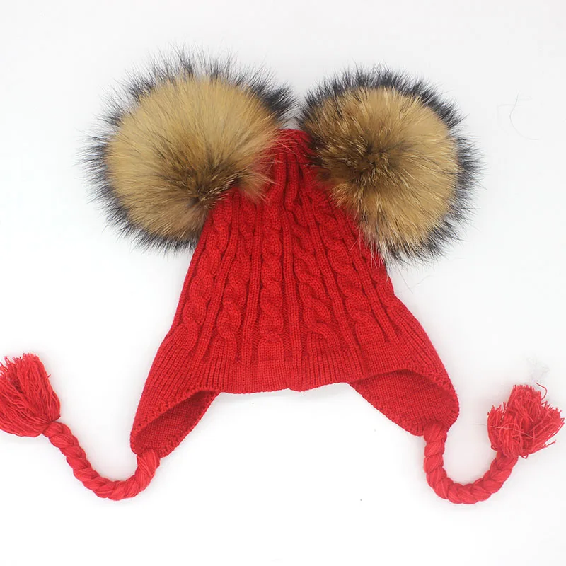 Новинка года, детская шапка с помпонами из натурального меха для детей, Зимний вязаный комплект шапки для девочек и мальчиков, вязаная шапочка с ушками