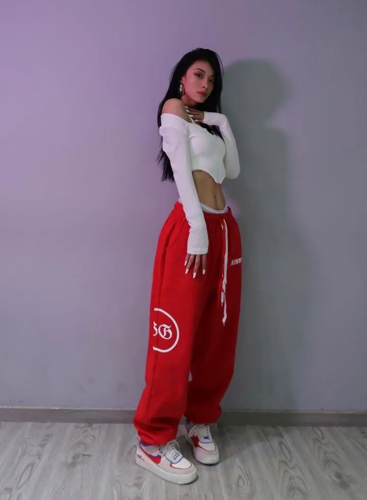 red printed sweatpants