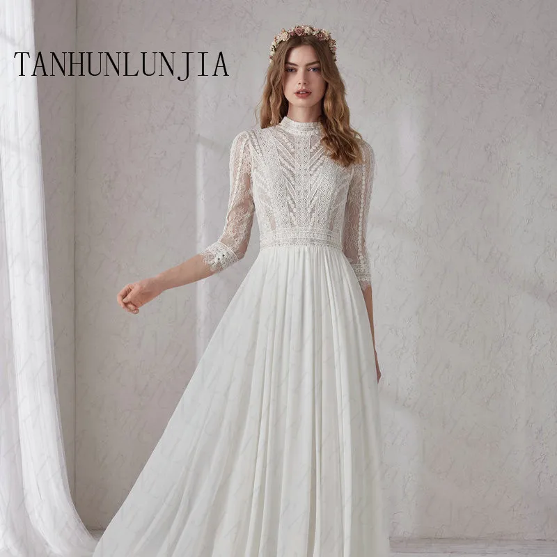 2022 High Neck White Wedding Dress A Line Button Lace With Chapel Train 3/4 Sleeves Outdoor&Church Wedding Dresses tea length wedding dress