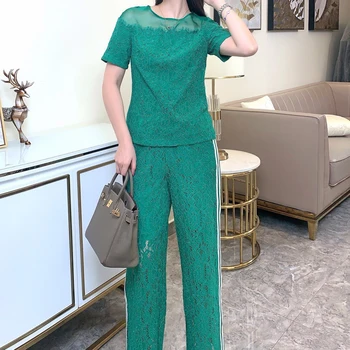 

Runway Designer New Sexy Lace Stitching Organza Short-Sleeved Tops Stretch Stripes Wide-Leg Pants Women'S Two-Piece Suit New