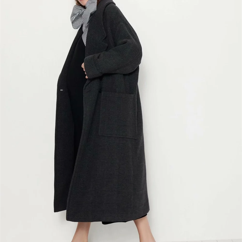 Осень, женское Новое большое пальто с отворотом, с длинным рукавом, свободное, с карманом, двубортное, большое пальто, 1255228801