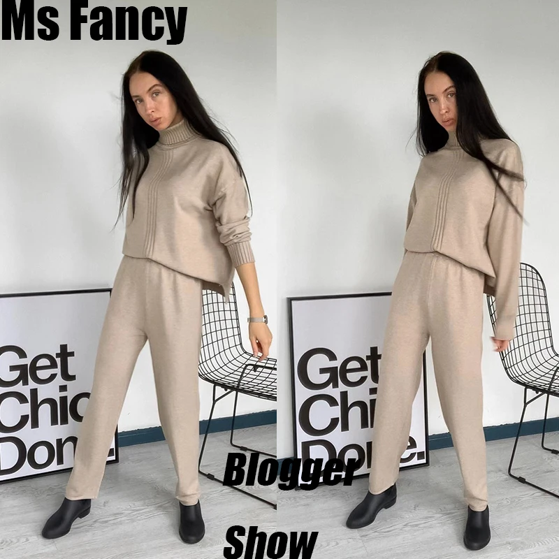 Vente 2019 automne femmes tricoté deux pièces couleur unie col roulé à manches longues pull pull tricoté pantalon tenue décontracté