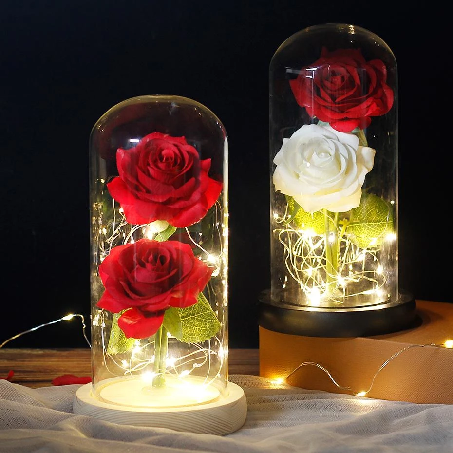 Rose éternelle sous dôme à LED, sous forme de fleur, sous forme de la belle  et la bête, pour la saint valentin, comme cadeau d'anniversaire ou de noël  | AliExpress