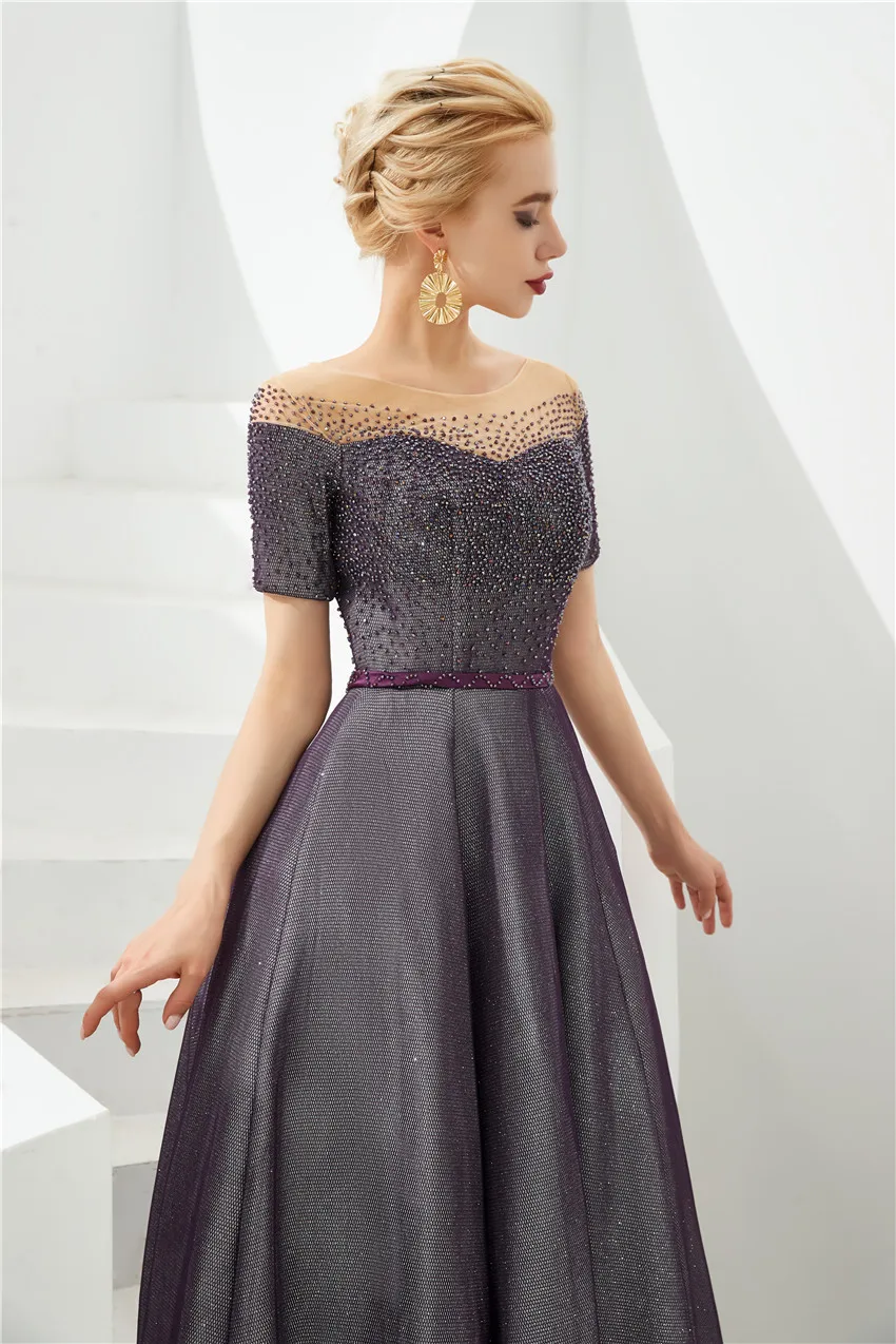 Расшитое бисером платье для вечернего платья, Воротник Sheer Jewel, короткий рукав, шнуровка сзади, пояс, шлейф, винтажная распродажа, в магазине, свадебные платья