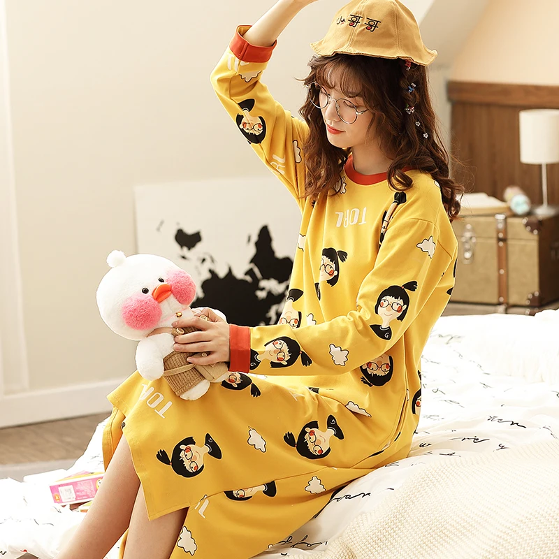 solid long nightgowns women elastic cotton long sleeve girls sleepwear sleep dress pyjamas casual cotton home dress - Цвет: color18