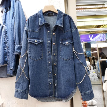 

Jeans Coat Women's 2020 Spring Clothing New Loose-Fit Denim Jacket Industrial Diamond Chain BF Cowboy Jackets Outwear Streetwear